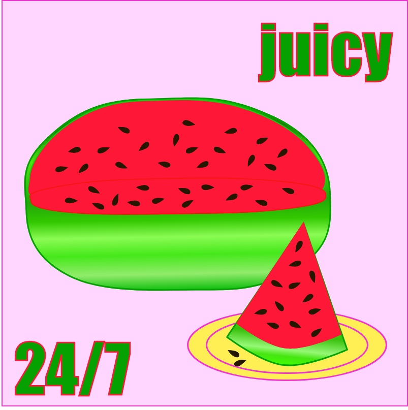 cut watermelon with text "juicy," "24/7" on light rose background